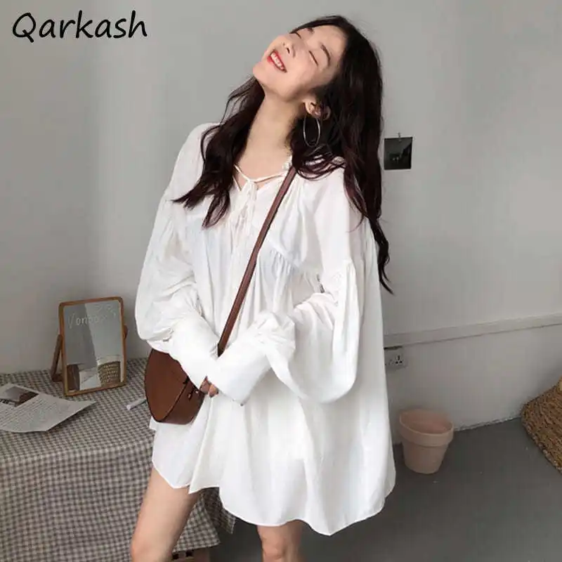 

Blouses Women Long Sleeve Loose Ulzzang Design Spring V-neck All-match Sweet Solid Soft Blusas Fashionable Ladies Tops Pure Ins
