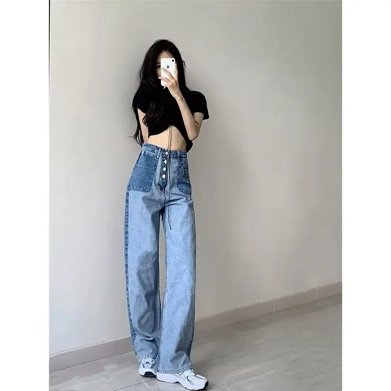 

Casual Hit Color Wide Leg Pants for Women High Waist Patchwork Pocket Straight Loose Trousers Female 2022 Autumn