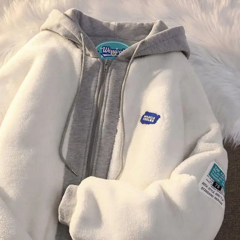 

Winter Lamb Wool Warm Padded Women Sweatshirt Warm Solid Color Retro Loose Jackets Coat Zip Up Patchwork Kawaii Y2K Clothes