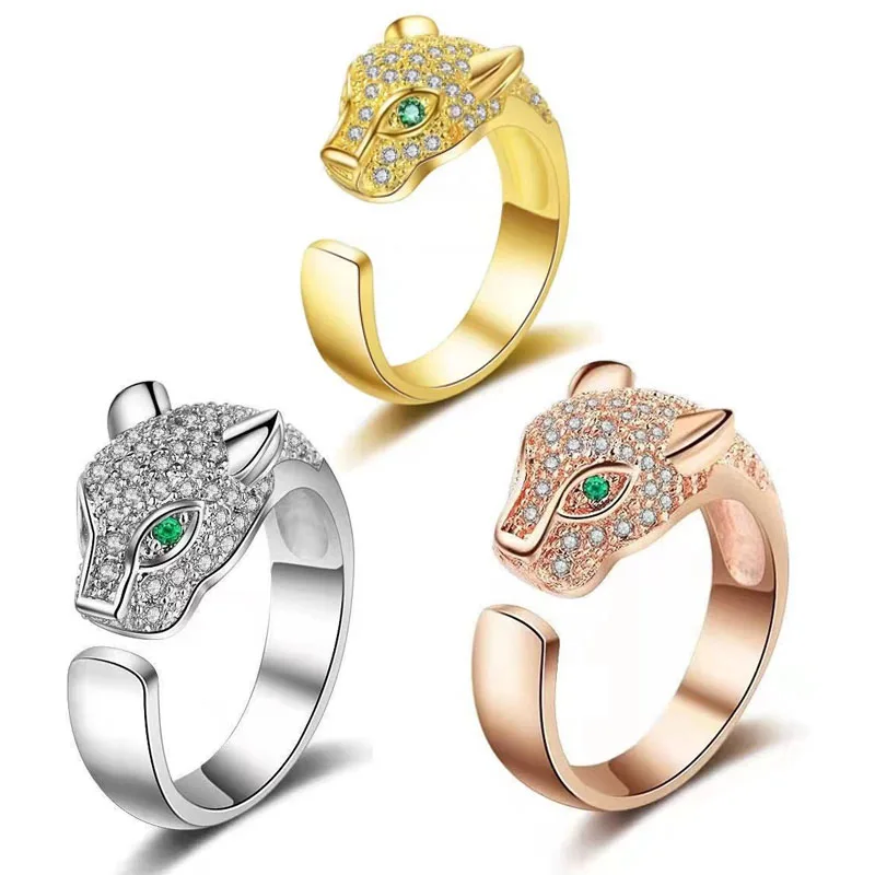 

Fashion Unisex Full Crystal Inlaid Leopard Panther Head Green Eyes Micro-inlaid Zircon Opening Ring Party Jewelry Bijoux Gift