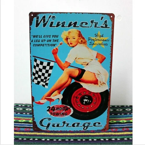 

Winner's Garage Tin Sign Vintage Pinup Metal Poster Wall Decor Tow Truck Ad,20x30CM