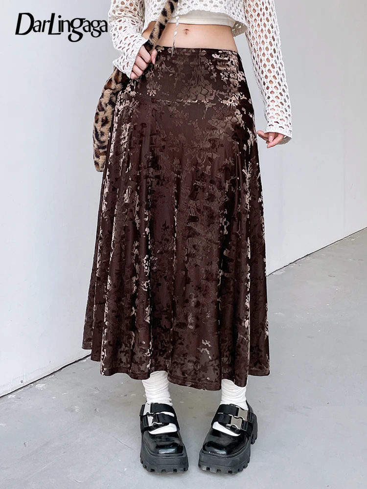 

Darlingaga Y2K Aesthetic Brown Velvet Jacquard Long Skirt Autumn Loose Vintage Clothes Chic Women's Skirt Double Layer Fairycore