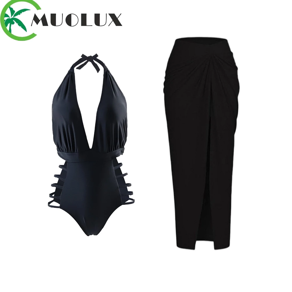 

MUOLUX 2023 Swimwear Sexy Bikini Set High Waist Swimsuit Women Deep V Neck Bathing Suit Skirt Brazilian Beachwear Dress Biquini