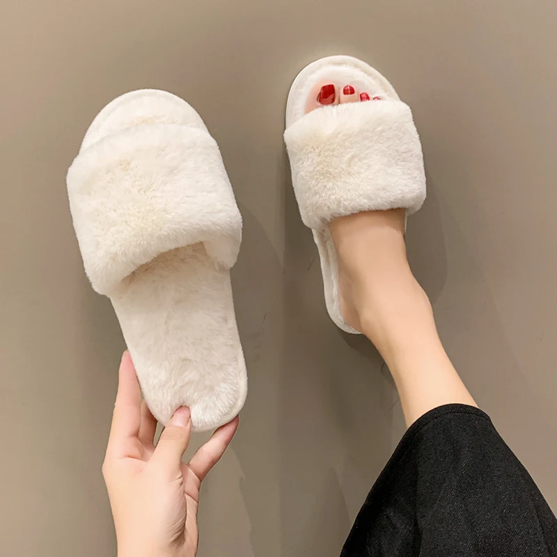 

Fur Shoes Slippers Soft Flock Slides Slipers Women Fashion Low Plush Comfort 2022 Luxury Flat Massage Rome PU Fabric Autumn