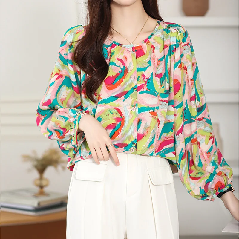 Женская шифоновая блузка с круглым вырезом и пышными рукавами