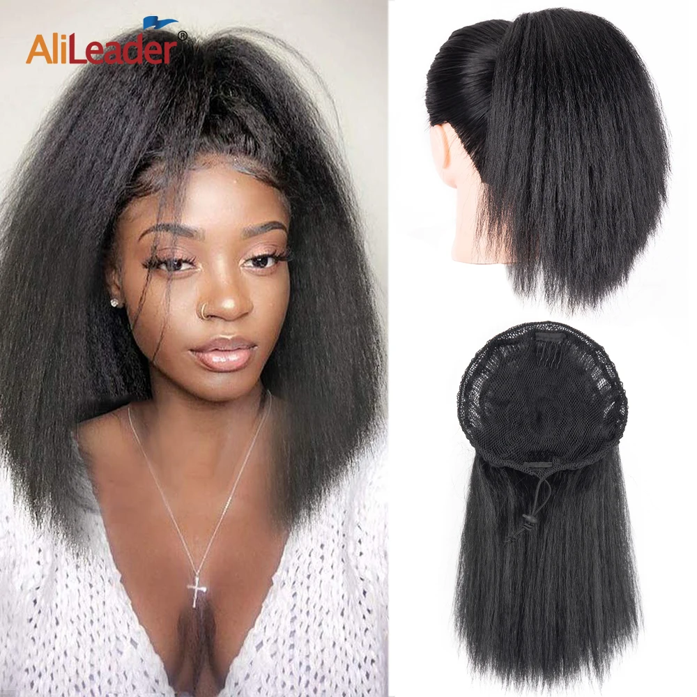 

Kinky Straight Drawstring Ponytail For Black Women 10Inch Yaki Straight Synthetic Pony Tail Clip In Ponytail Hair Extensions