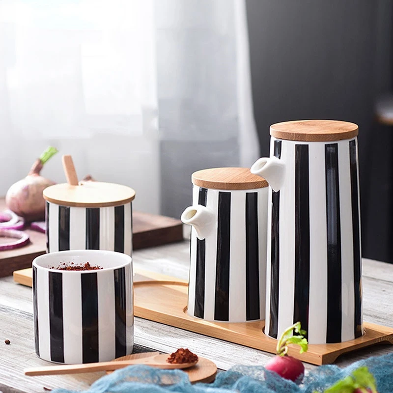 

Черно-белые полосы фотографический Творческий комбинированный набор соль сахар масло соевый соус бутылка для уксуса кухонные принадлежно...