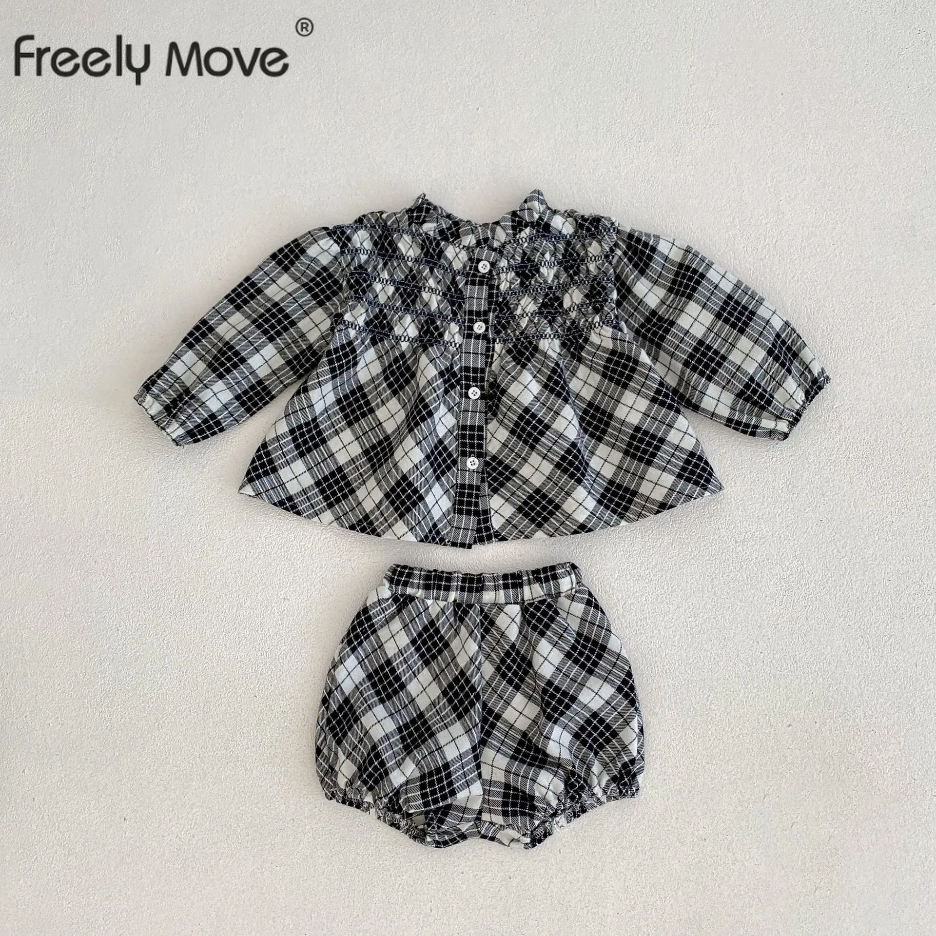 

Freely Move Autumn 2022 New Baby Girls Suit Set Plaid Cotton Casual O Neck Puff Sleeve Tops+Shorts Clothes for Toddler Infant