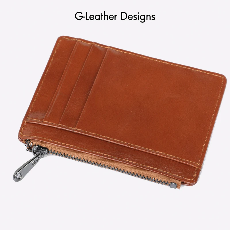 Vintage Genuine Leather Card Holder RFID Protect Slim Vertical with Black Zipper Cow Leather Card Wallet
