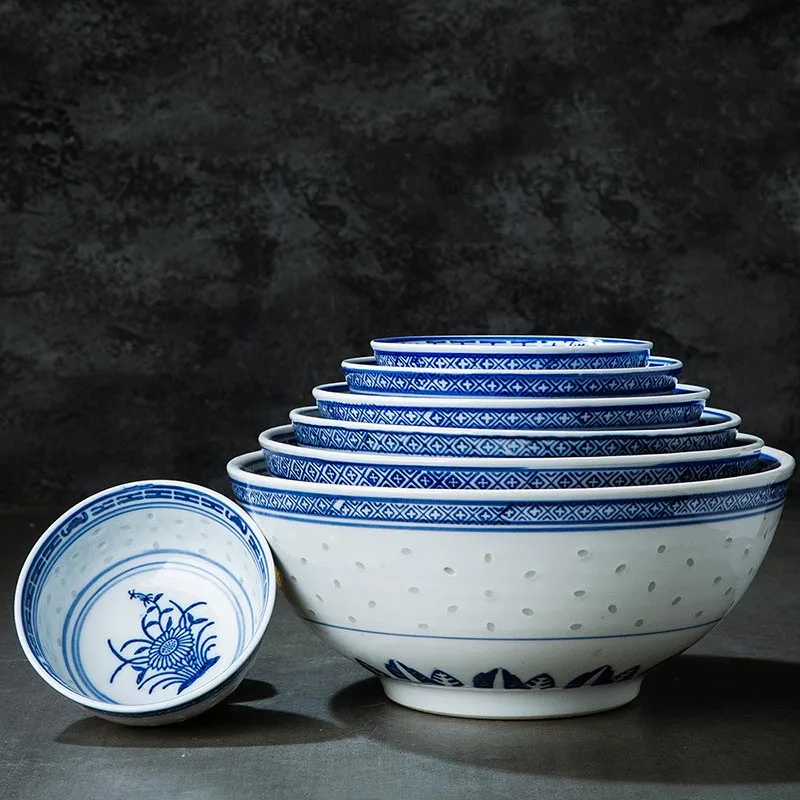 

5/6/7/8/9 inch Vintage Chinese Blue and White Porcelain Rice Bowls Jingdezhen Hollow Ceramic Tableware Ramen Soup Bowl Dragon
