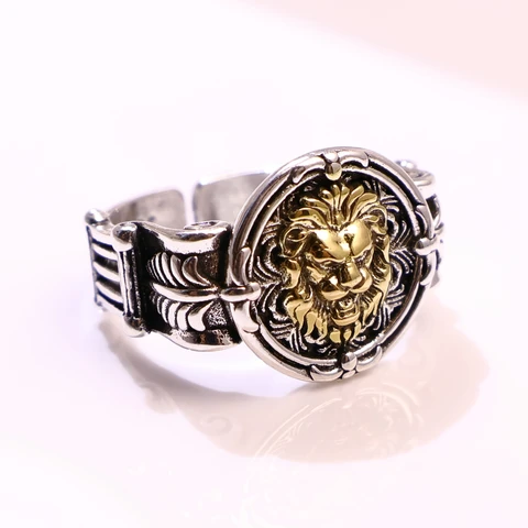 LENNIK Открытое регулируемое кольцо с золотым львом из меди для мужчин