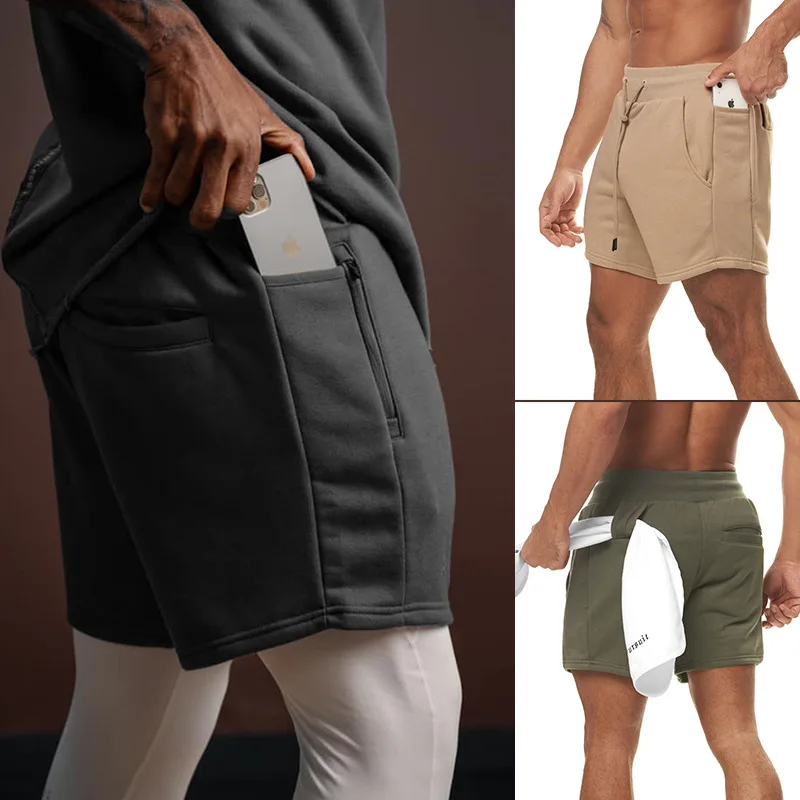 

Summer new men's sports fitness pure cotton zipper shorts Outdoor running fitness loose breathable fashion casual beach pants