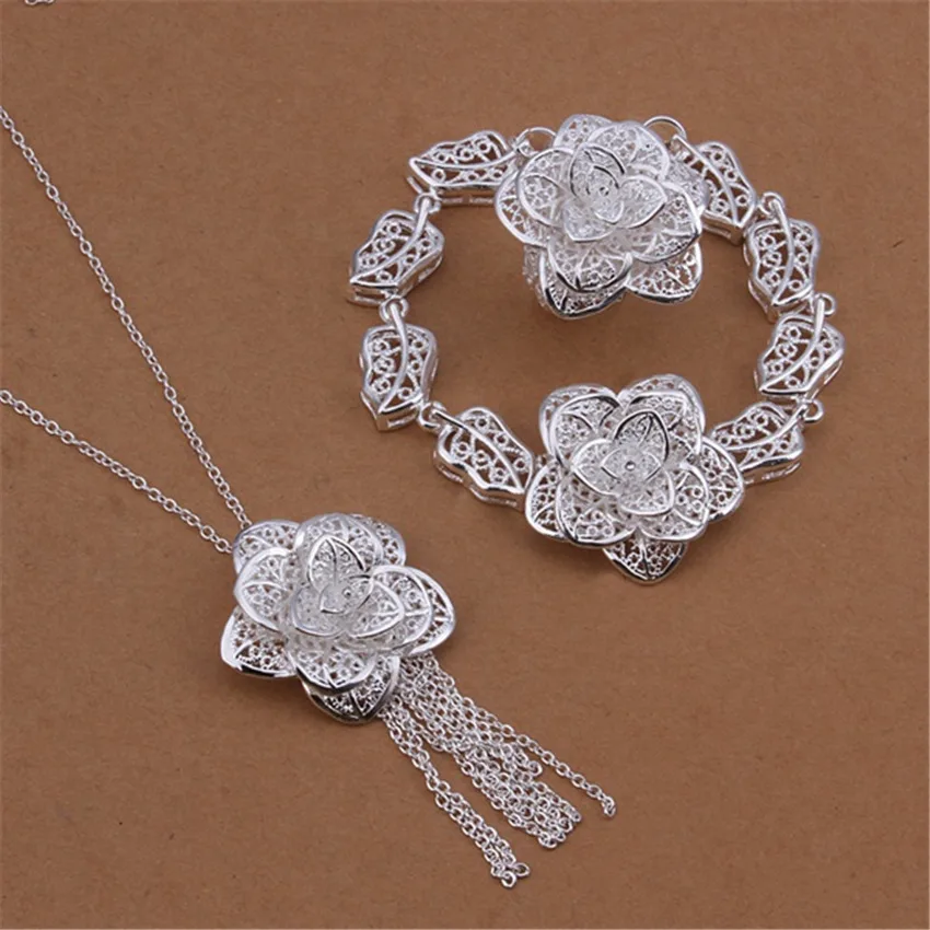 

Beautiful charm 925 sterling Silver flower necklace rings bracelet Jewelry sets for women Fashion Party wedding Holiday gift