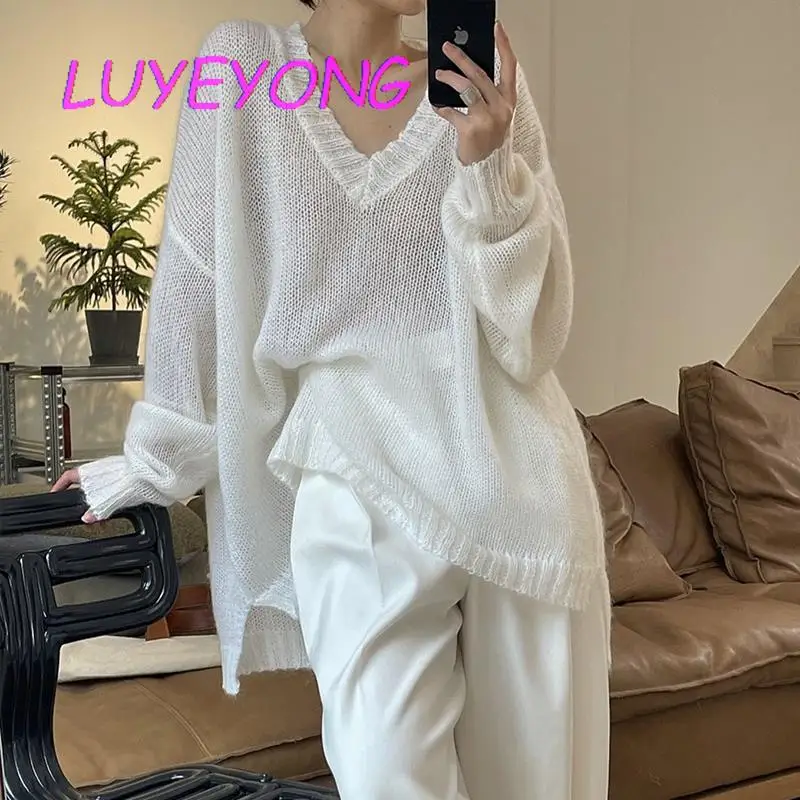 

Тонкий мохеровый вязаный свитер, Осенний Женский Повседневный однотонный белый или серый Свободный пуловер с V-образным вырезом и длинным рукавом, 2023, повседневные топы, джемпер