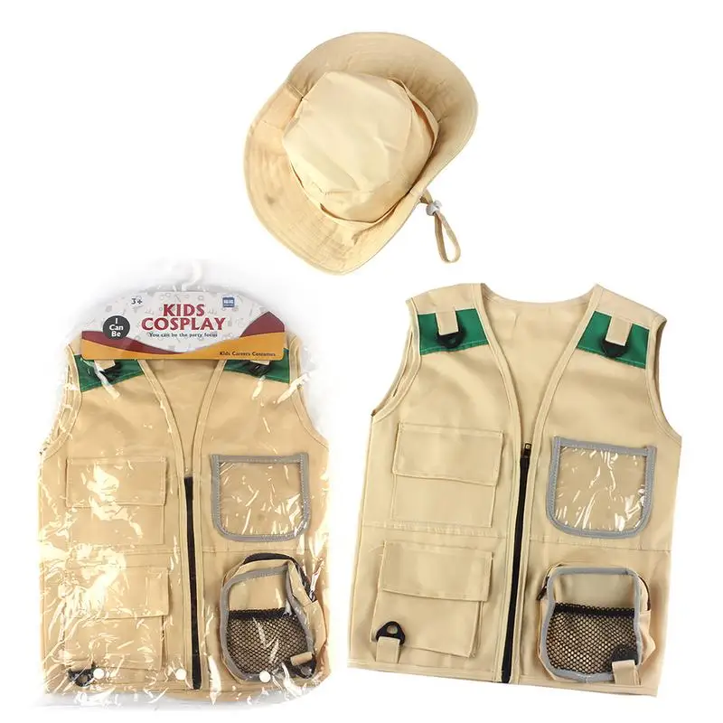 

Outdoor Adventure Cargo Vest Hat Set Comfortable And Durable Explorer Costume Role Play Toy Khaki Playing Clothes