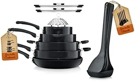 

Cookware, Non-Stick Pans and Pots with foldable Knob, Space Saving, Stackable, Nylon Tools, Induction Base, Black (17-Piece Set)