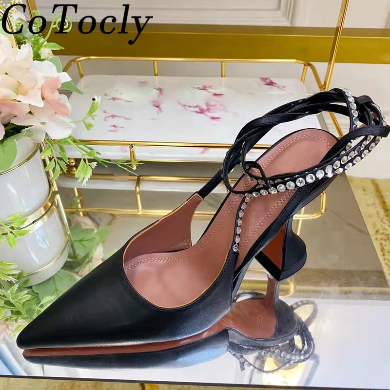 

Summer Cup Heels Shoes Women Pointed Toe Genuine Leather Gladiator Sandals Woman Rhinestone Cross Strap High Heels Women Pumps