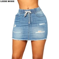 womens casual stretch drawstring denim skirt with pockets fringed elastic high waist mini short ripped jean skirt