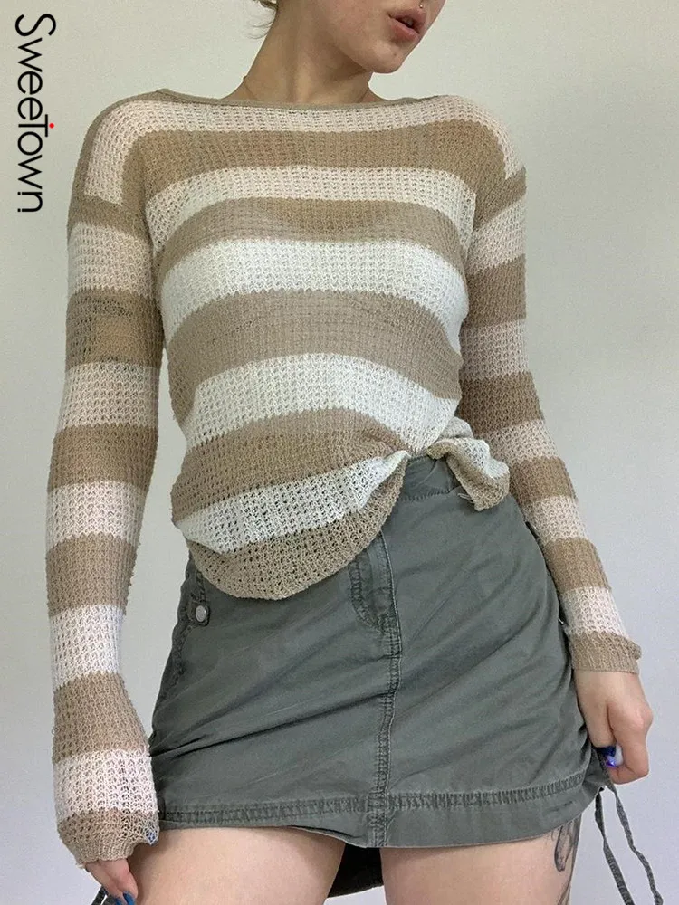 

Sweetown 2022 Stripe Knitted Y2K Sweater Tops Women Preppy Style O Neck Long Sleeve Autumn Pullovers Vintage Korean Sweatshirts