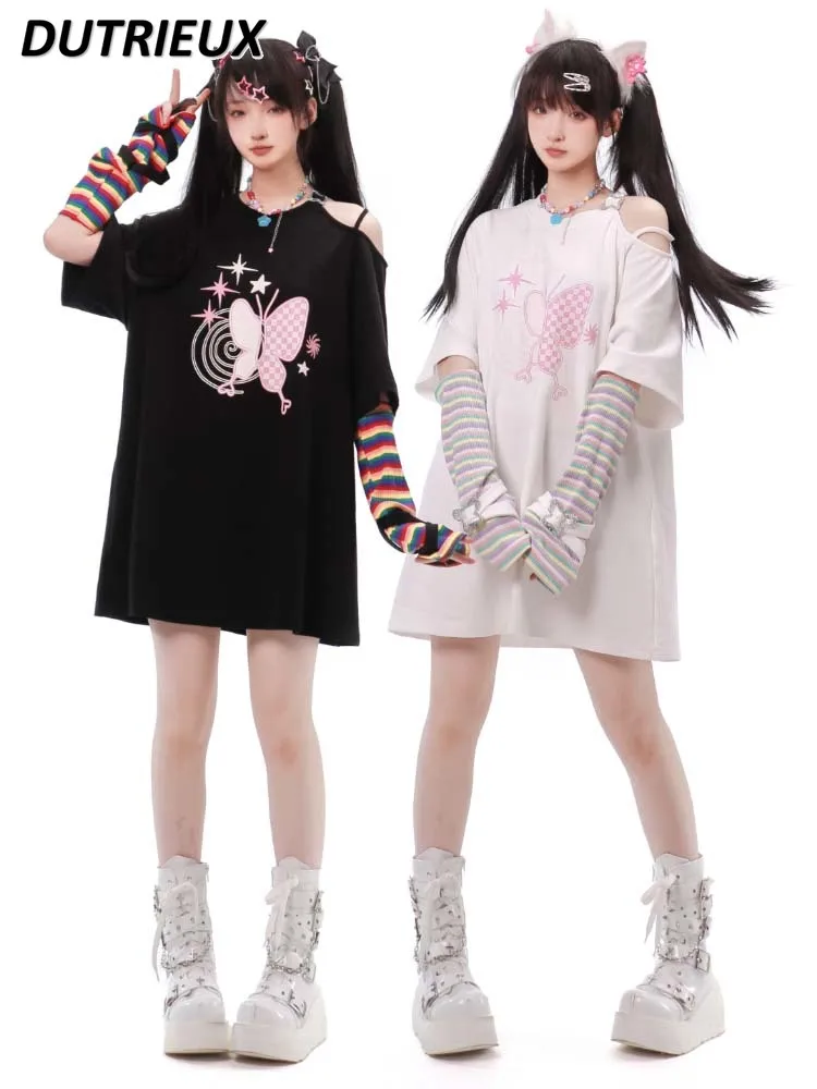 

Women's Butterfly Print Off-Shoulder Design with Oversleeve T-shirt Summer Sweet Girls Straight Mid-Length Top Kawaii Clothes