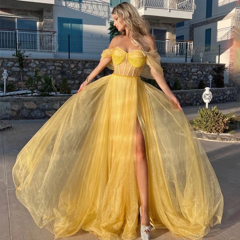 

Yellow Sexy A-Line Prom Dresses Beadings Off The Shoulder Evening Cocktail Saudi Arabia High Split Party Prom Gownفساتين الحفلات
