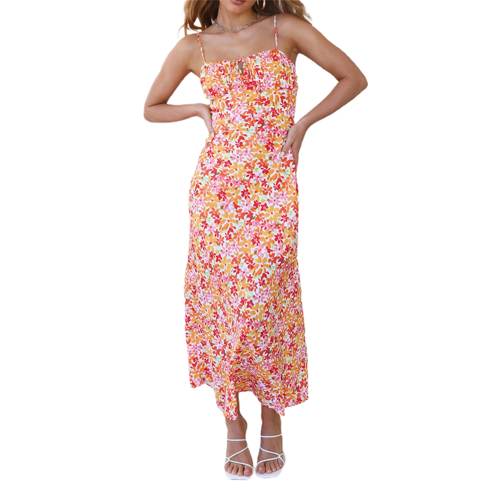 

Women's Cut Out Cowl Neck Flower Print Satin Silk Sling Dress Spaghetti Straps Sleeveless Backless Cocktail Evening Party Dress