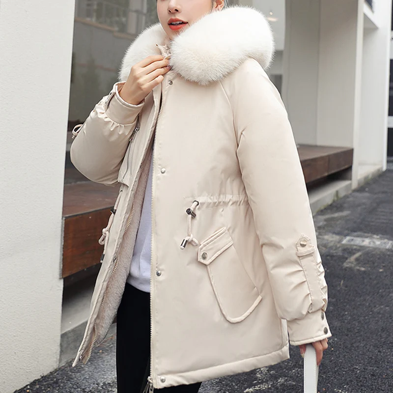 2022 Cotton Padded Fur Parka New Big Fur Collar Winter Jacket Women Thick Warm Parkas Female Outerwear