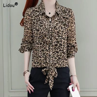 office lady leopard turn down collar single breasted fashion woman blouses 2022 summer women shirt comfortable fashion trend
