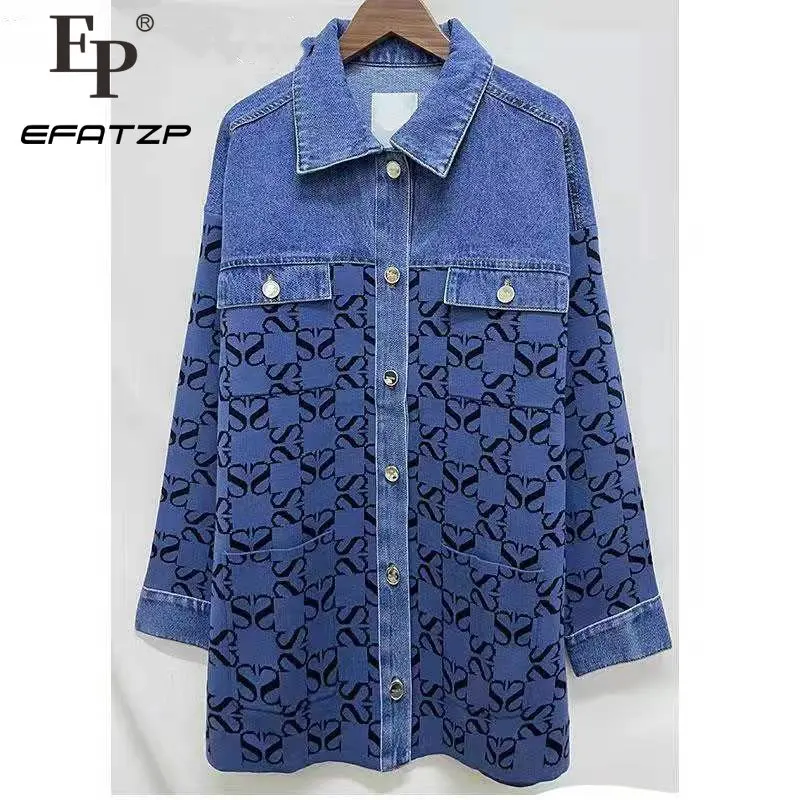 

EFATZP 2023 France High-Quality Loose Lapel Jackets Women Letter-Printed Knitted Stitching Denim Jacket Long Coat