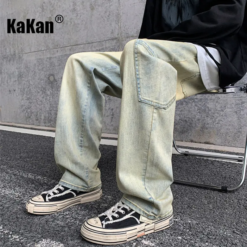 Kakan - New Yellow Mud Dyed Men's Jeans for Spring and Summer, Loose Straight Sleeve Retro Wash Jeans K024-M5820