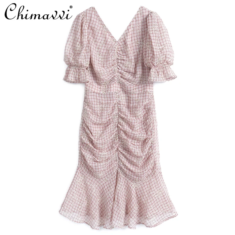 

Fashion Fairy Handmade Plate Flower V-neck Puff Sleeve Fishtail Swing Dress Slim Sweet Elegance Plaid Dress Women 2022 Summer