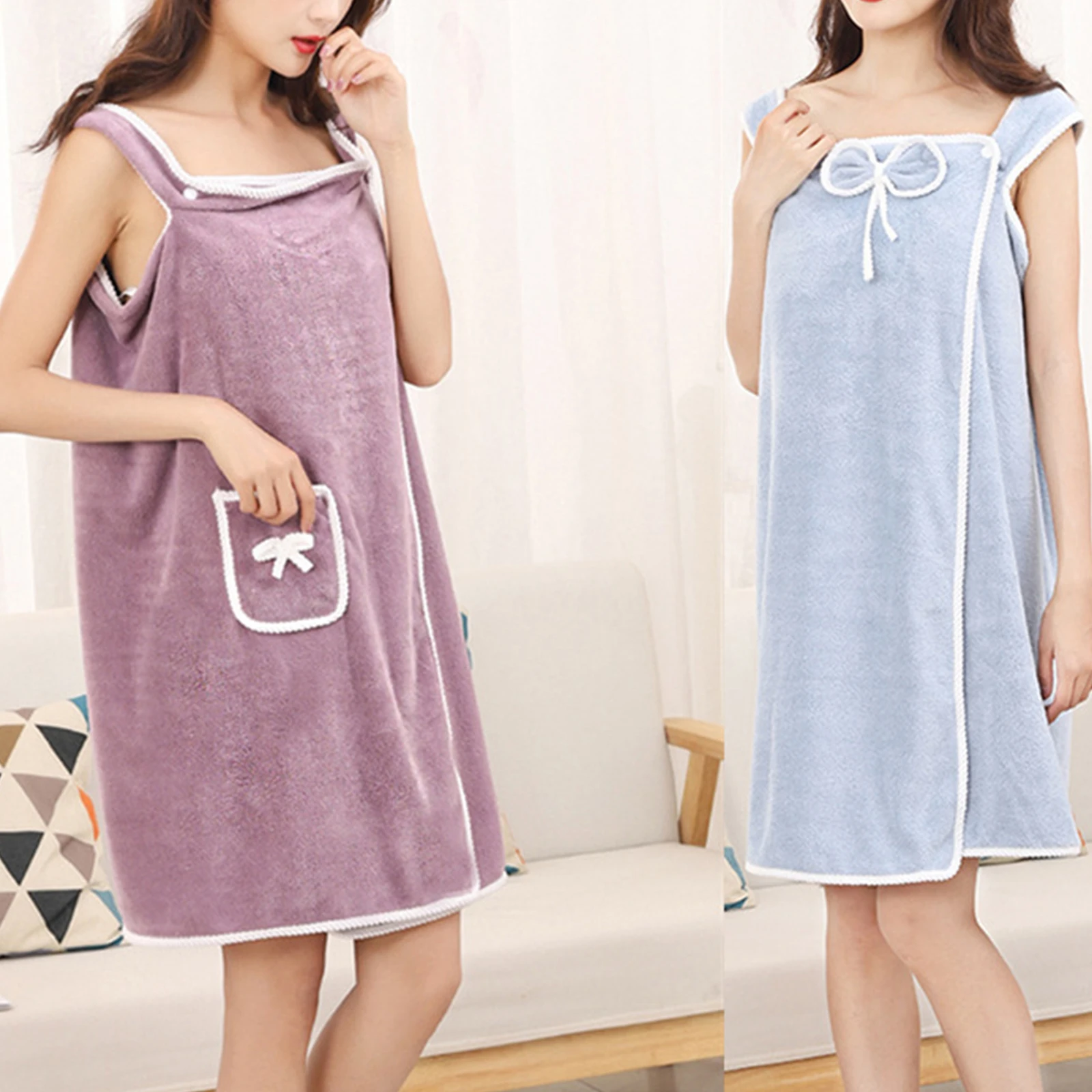 

Women's Bath Towel with Straps Knee Length Adjustable Coral Fleece Body Wrap Dress for Shower Spa Beach