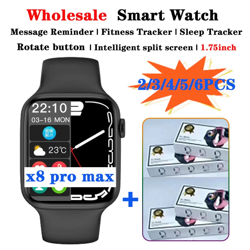 Buy Reloj inteligente X8 Pro Max 3 4 5 6 10 piezas, venta al por mayor, VIP, 1,75 pulgadas, control del sueño, deportes, frecuencia cardíaca