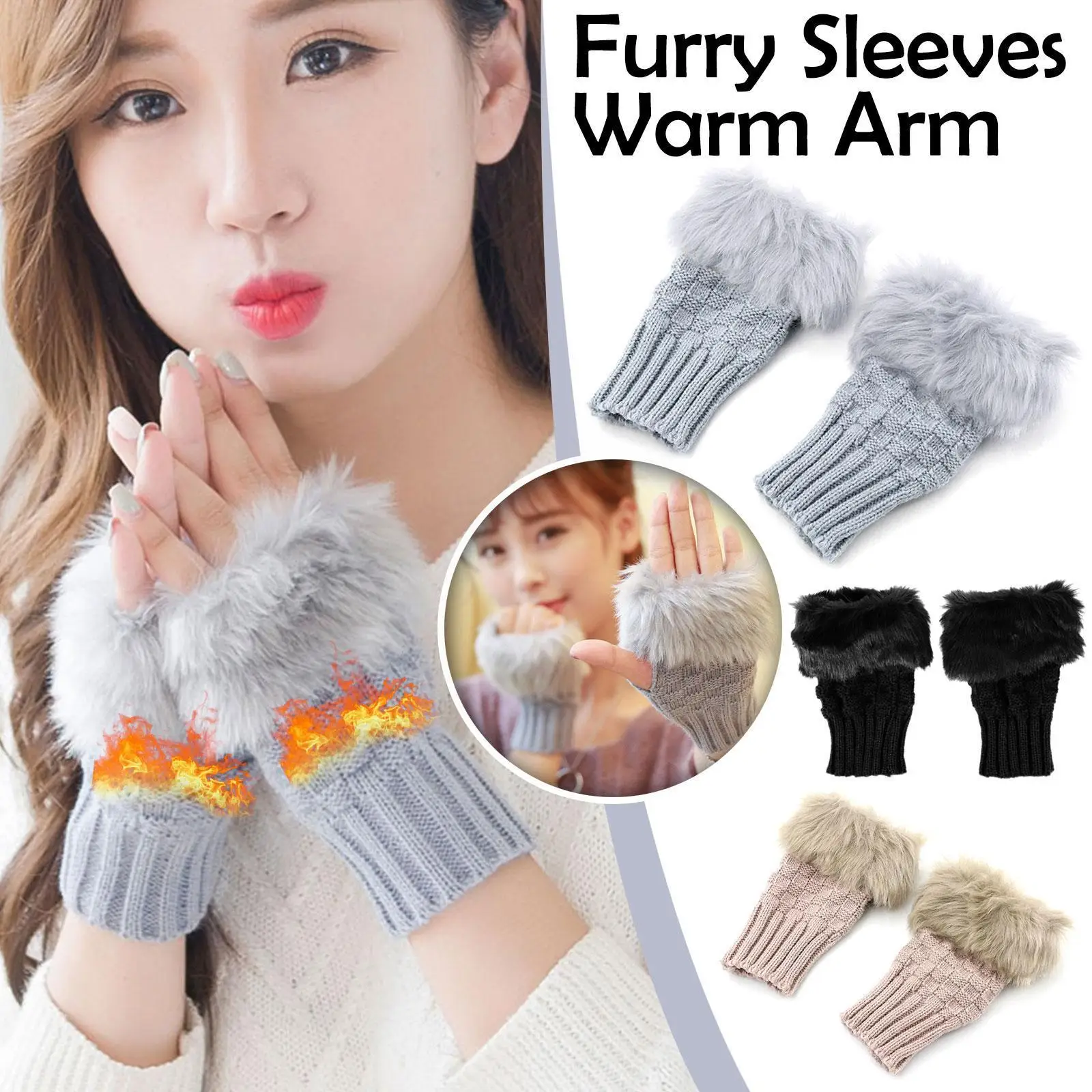 

Fingerless Winter Gloves Faux Fur Crochet Warm Middle Sleeves Fingerless Thumb Warmers Hole Gloves Arm Furry Length E2I2