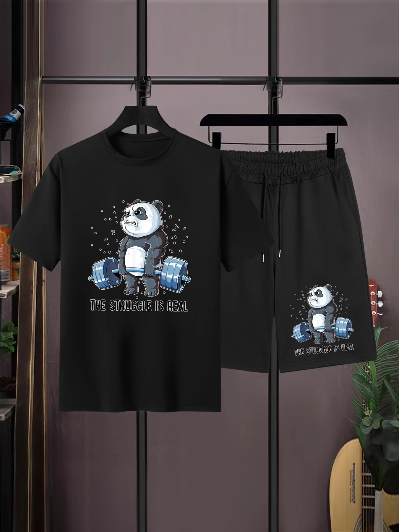 

Men's Casual Trendy Weightlifting Panda Graphic Print Comfortable Crew Neck Short Sleeve T-shirt & Shorts Sets, Oversized Loose