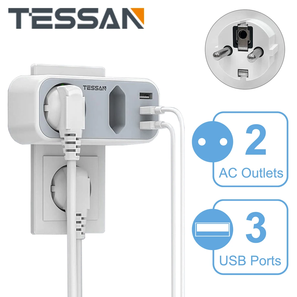 

Сетевой фильтр TESSAN с европейской вилкой, 1/2 розеток переменного тока, 2/3 USB-порта, 5 В, а, 5 в 1, адаптер питания, защита от перегрузки для дома и о...