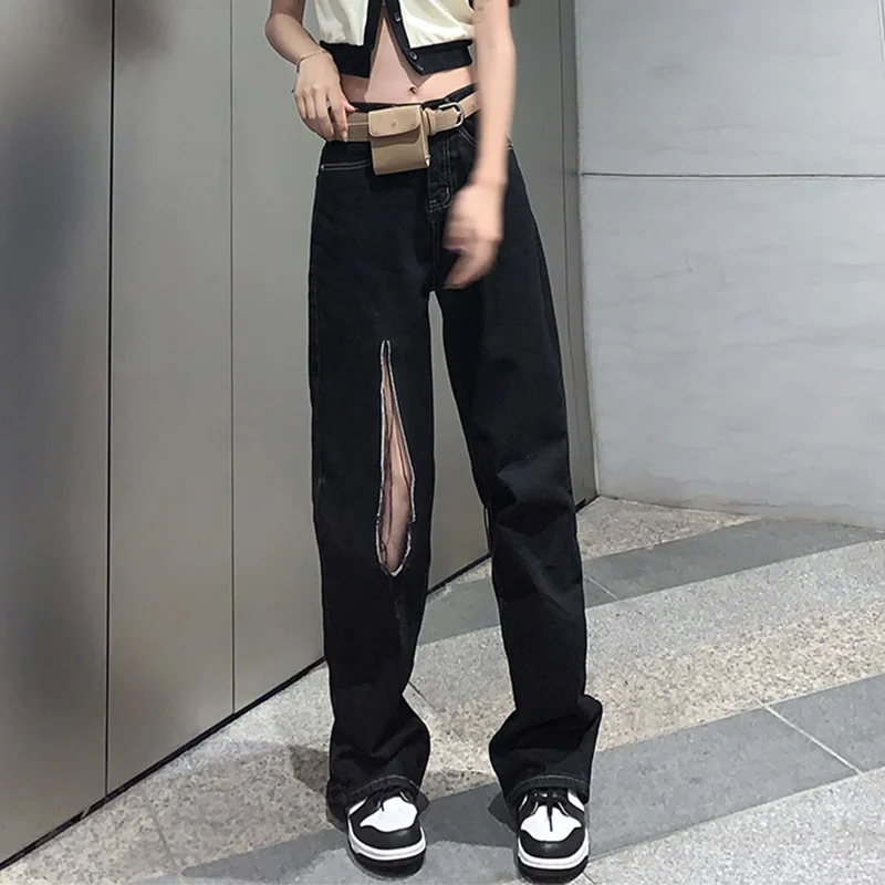 

Широкие брюки с высокой талией, модные повседневные хлопковые Прямые рваные джинсы в Корейском стиле, новые свободные брюки