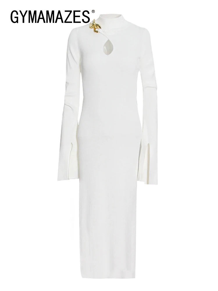 

Женское трикотажное платье с воротником-стойкой и длинным рукавом