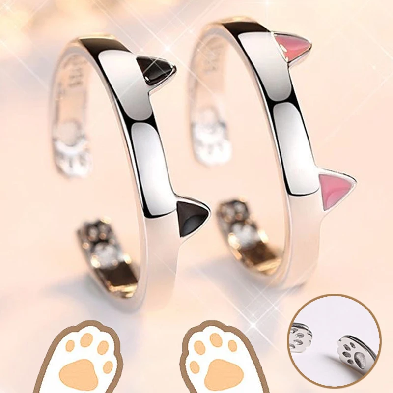 

Cute Cat Ears Cat Paw Ring Personality Animal Open Adjustable Finger Rings Cartoon Little Kitten Paw Embrace Couple Ring Jewelry