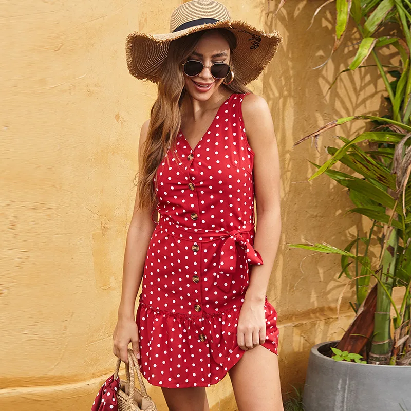 

2023 New Fashion Temperament Commuter Women's Sleeveless Head V-neck Dress European and American Polka Dot Tank Top Skirt Women