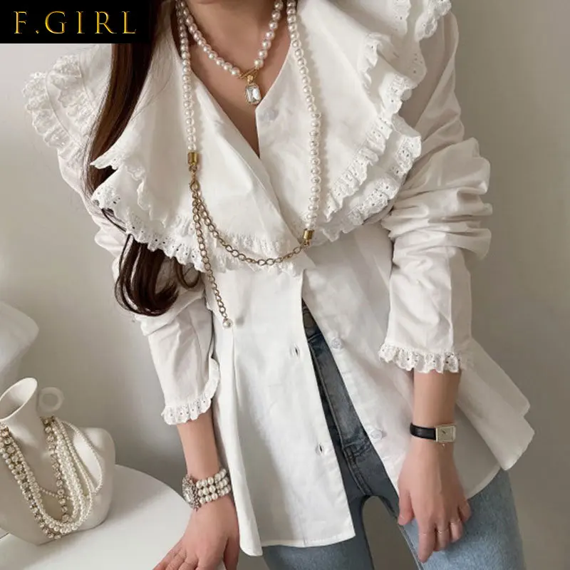 

F GIRLS Laciness Collar Blusas Mujer Pleated Tunic Shirts Blouses Elegant Chic Fungus Shirt Tops Spring New Clothes Women