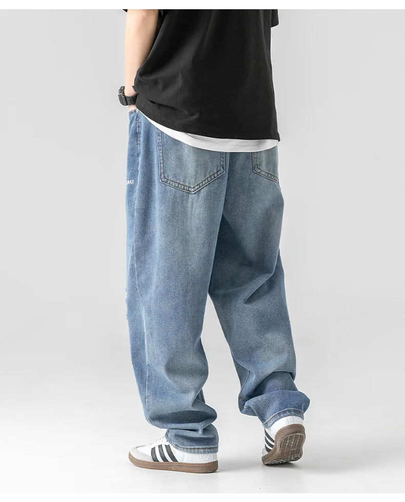 Yasuk All Season Solid Casual Men's Button Waist All-Match Cool Moustache Effect Loose Straight Pants Embroidered Washed Jeans