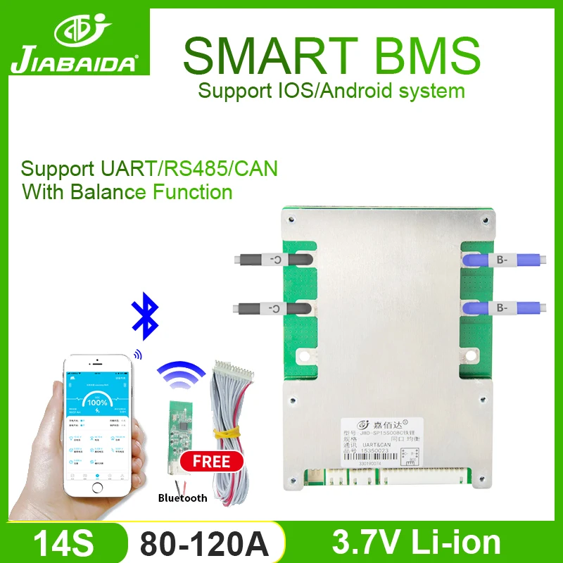

JBD 14S BMS 48V Bluetooth With Same Port Balance Smart BMS 80A 100A 120A For Lithium Battery Pack