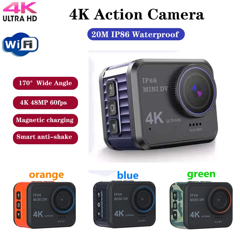 

Mini Action Camera WIFI 4K Ultra HD 10m Waterproof 60FPS 48MP Sports DV Display Screen Camera Dash Video V8 Cam