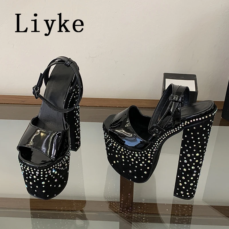 Фото Модные женские босоножки Liyke на толстом каблуке и платформе с кристаллами и стразами, с открытым носком, для свадьбы и банкетов, Zapatos De Mujer №1