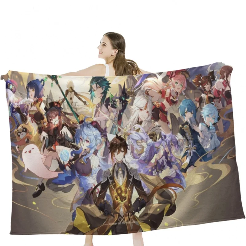 

Genshin Impact Characters Chibi Assemble Throw Blankets Soft Velvet Blanket Camping ,Travel Bedding Blanket