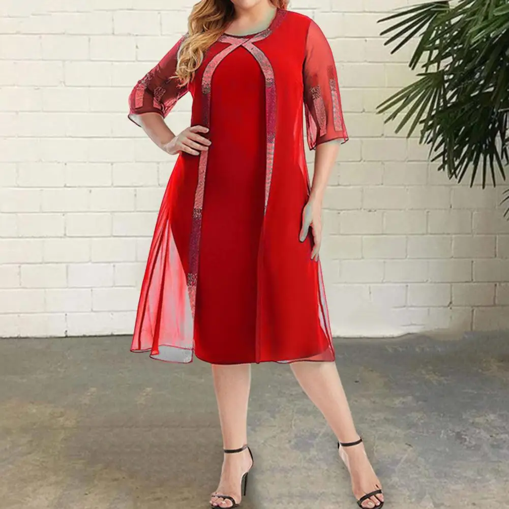 

50%HOTO-neck Half Sleeve Hot Drilling Decor Women Dress Chiffon Cardigan Design Fake Two Pieces Plus Size Gown Dress Workwear