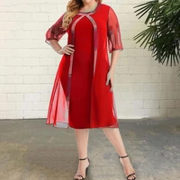 50hoto neck half sleeve hot drilling decor women dress chiffon cardigan design fake two pieces plus size gown dress workwear