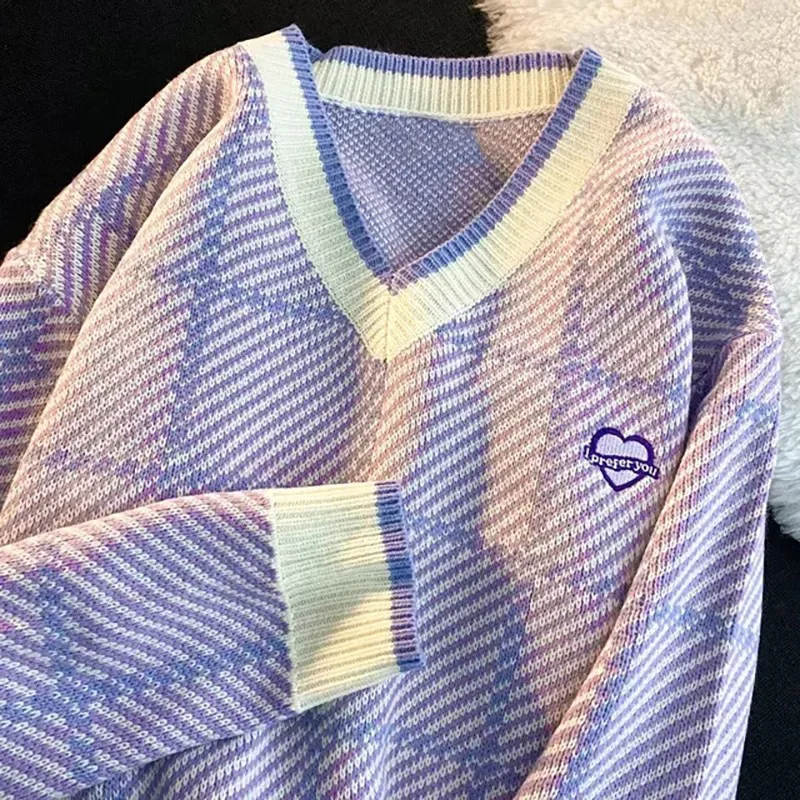 

Womens Winter Sweaters 2021 Autumn Winter Thick V-Neck Embroidery Stripe Oversize Sweater Knitted Top Female Pullovers Knitwear