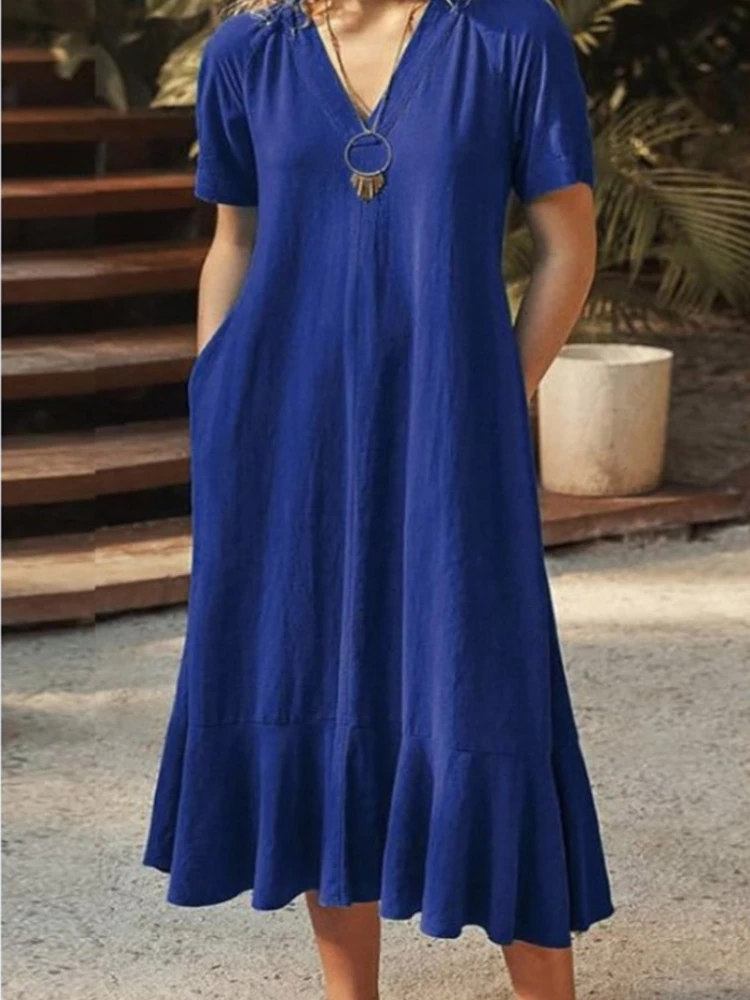 

Casual Dresses Women's 2023 Summer New In Fashion V-neck Lace Up A-line Skirt Short Sleeve Long Dresses for Women Streetwear